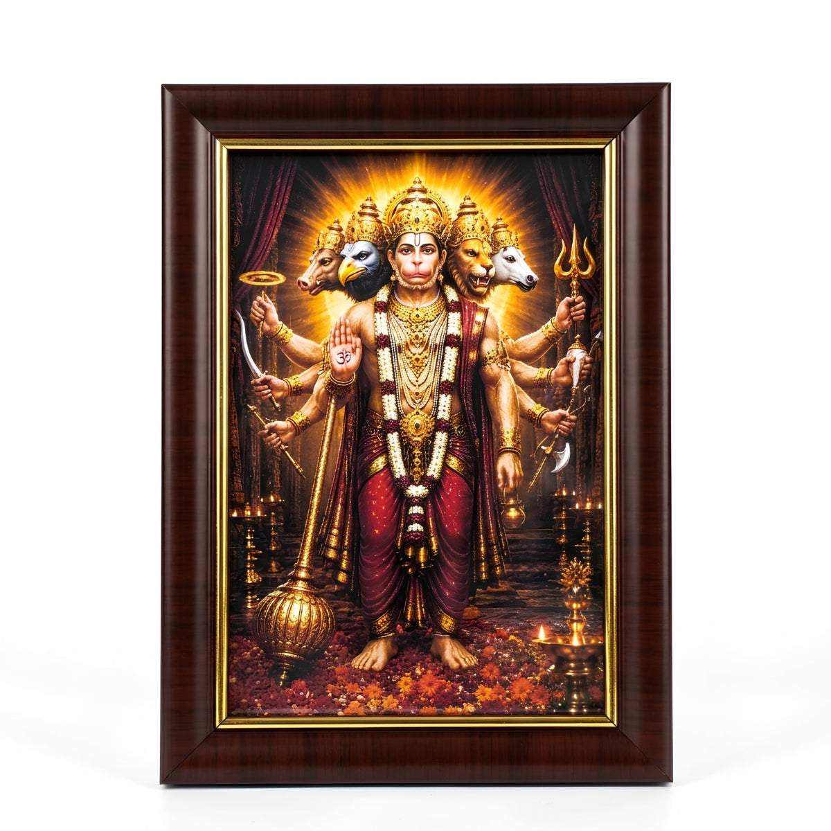 Premium 4x6 inch Panchmukhi Hanuman Ji photo frame with a dark wood border, showcasing the five-faced deity on a clean white background.