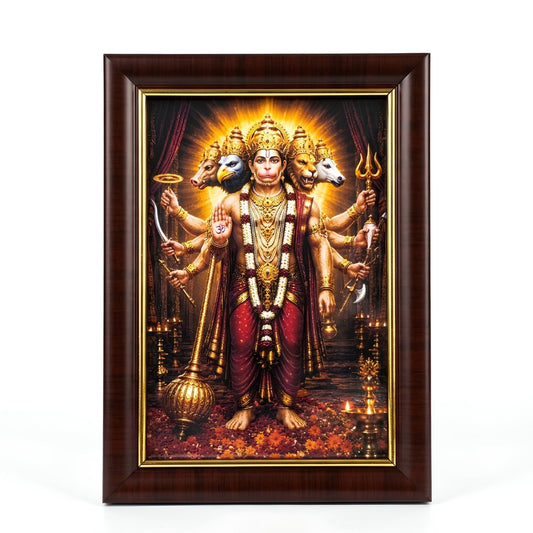 Premium 4x6 inch Panchmukhi Hanuman Ji photo frame with a dark wood border, showcasing the five-faced deity on a clean white background.